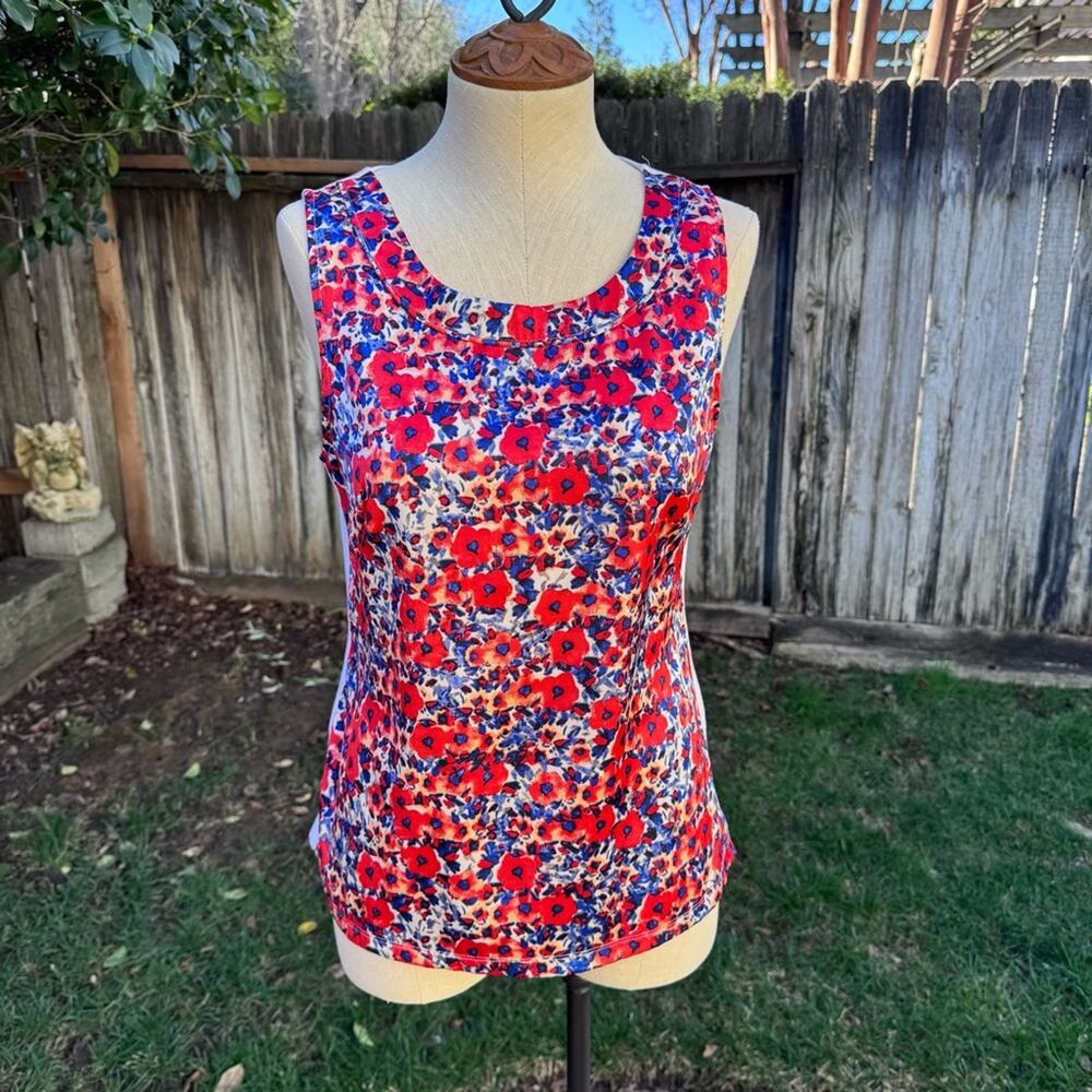 Ann Taylor Red and Blue Poppy Tank Top Women's Size Small